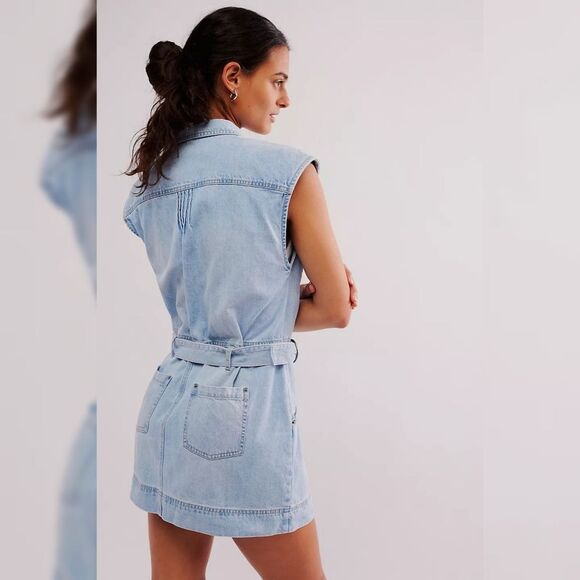 Free People Rowley Mini Dress Sunbleached Light Blue Denim Size XL - Picture 4 of 12